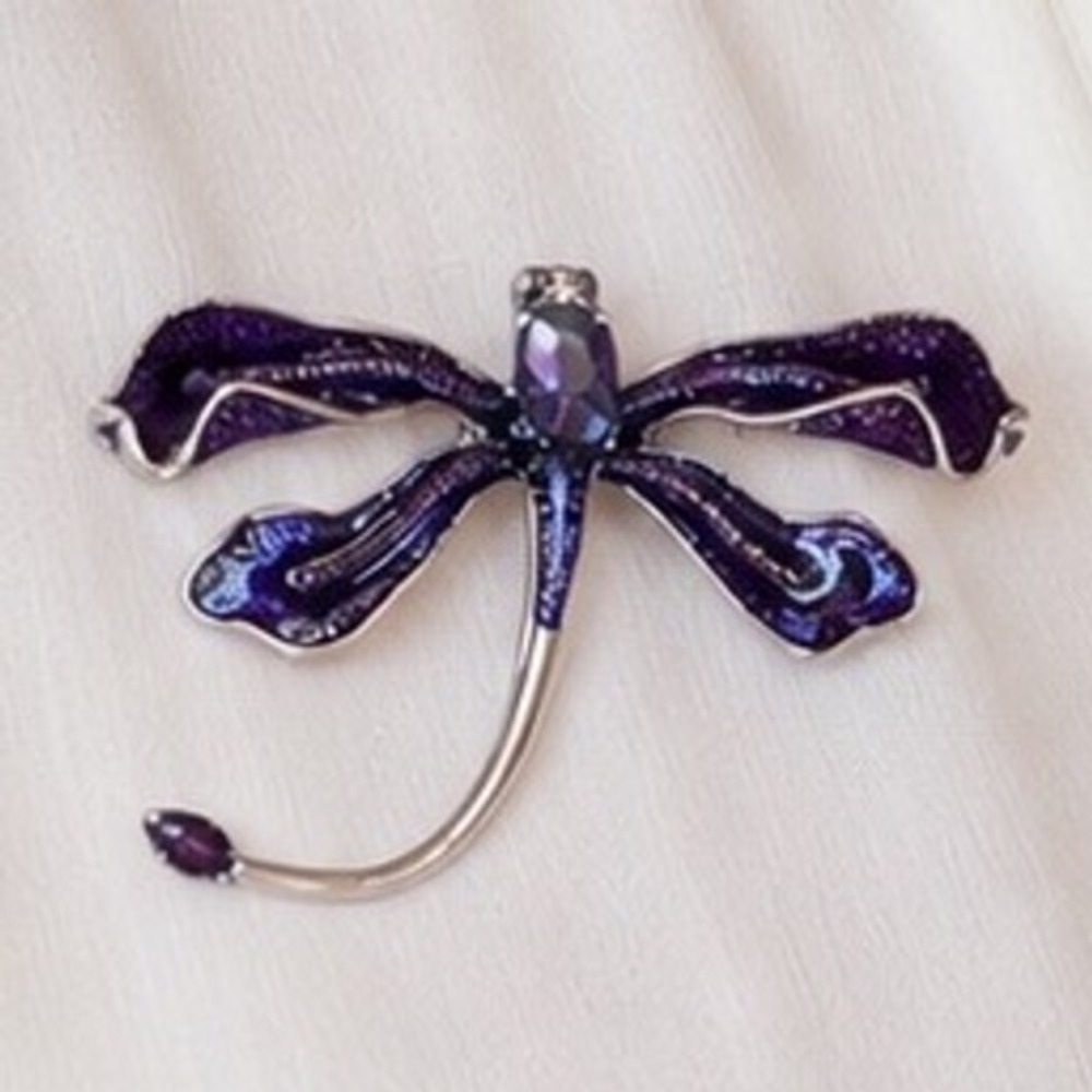 Purple Enamel Dragonfly Brooch Silver Tone Crystal Wing Insect Pin Statement